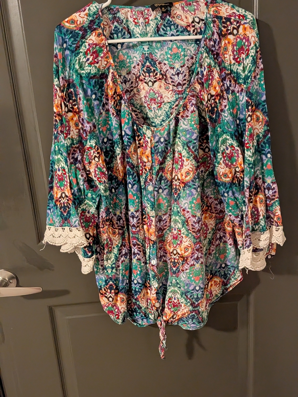Cupio Multicolor Boho Tie-Front Tunic with Lace Trim